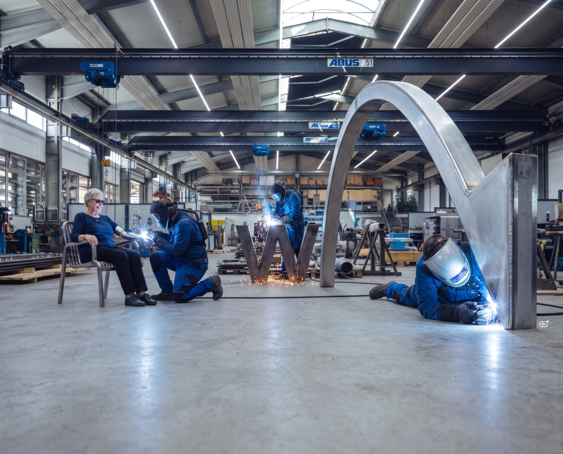 Metallbauer schweißen das Wachinger-W und den Bogen in der Halle in Langenmosen